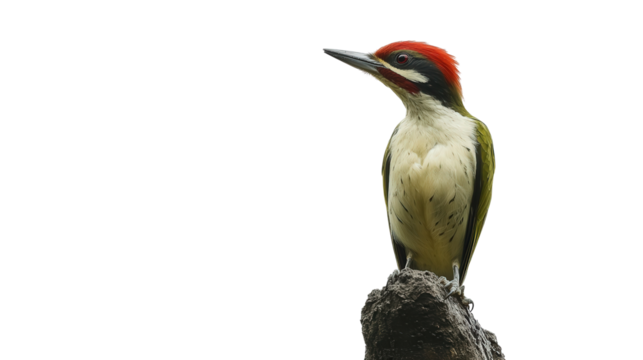 Unique green woodpecker perched background isolated on a Transparent background, PNG file.