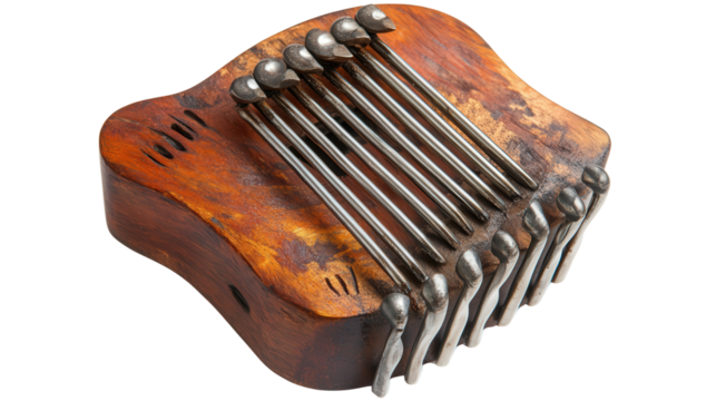 Unique handmade kalimba with metal tines background isolated on a Transparent background, PNG file.
