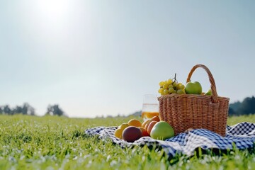 Summer picnic scene with a wicker basket, fresh fruits, and a gingham blanket on a sunny meadow