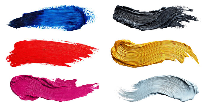 Collection of multicolor oil paint brush strokes in pink, blue, golden, red, black and silver tones isolated on a white or transparent background