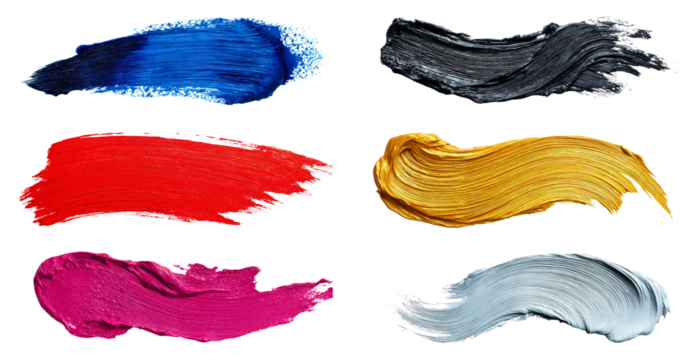 Collection of multicolor oil paint brush strokes in pink, blue, golden, red, black and silver tones isolated on a white or transparent background