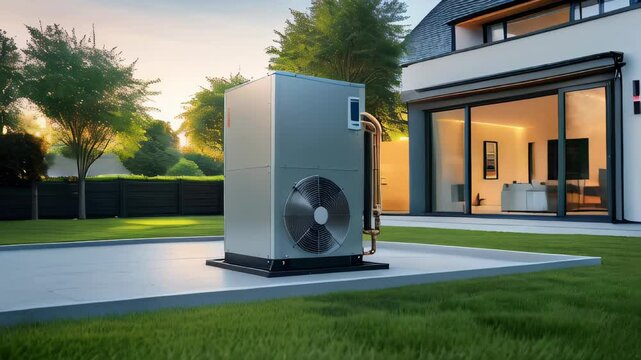 video of An air source heat pump mounted outside a newly constructed home, providing efficient and eco-friendly heating and cooling for modern sustainable living
