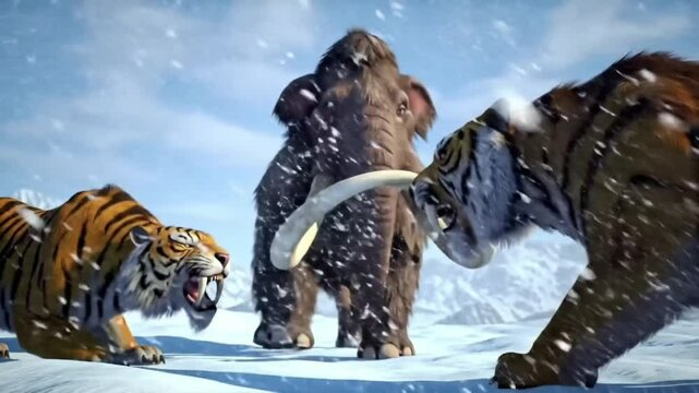 Epic Showdown Woolly Mammoth vs. Saber-Toothed Tigers in Ice Age