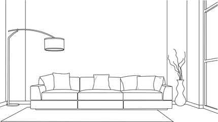 Fototapeta premium Living room graphic black white home interior sketch illustration vector.Illustration vector of a coloring page with interior home, sofa or living room isolated on white background.