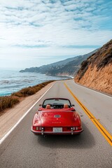 Summer road trip scene with a convertible car driving along a coastal highway