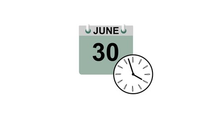 June month 30 date calendar icon clock black color animation 4k video. 