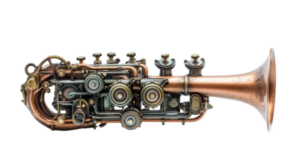 Unique steampunk-inspired mechanical musical instrument background isolated on a Transparent background, PNG file.