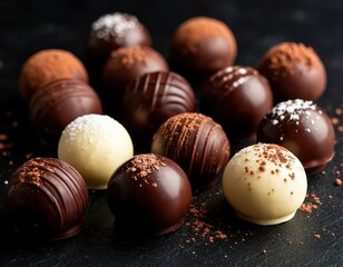 chocolate candies on black background.
