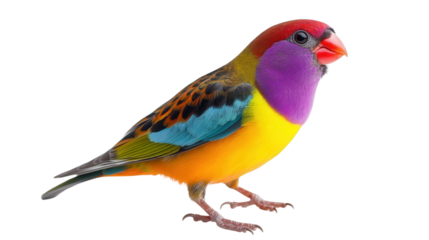 Unique vibrant Gouldian finch perched background isolated on a Transparent background, PNG file.