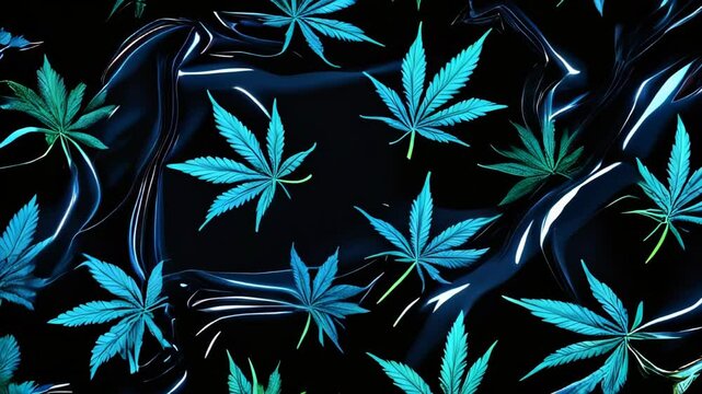 video design showcases a dark backdrop accented with glossy, metallic, and neon details, featuring repeating patterns of marijuana leaves and cannabis, creating a striking high-contrast effect