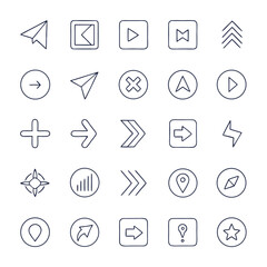 Collection of twenty five simple line art icons including arrows direction symbols and navigation elements