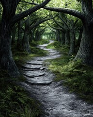 Sunlit forest with a winding trail leading deeper into the trees, styled for exploration