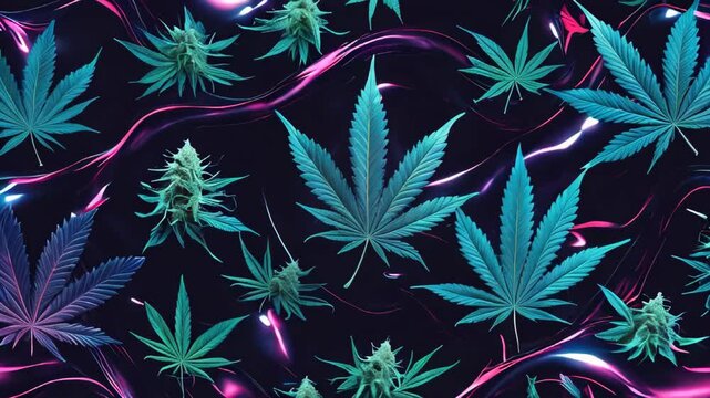 video design showcases a dark backdrop accented with glossy, metallic, and neon details, featuring repeating patterns of marijuana leaves and cannabis, creating a striking high-contrast effect