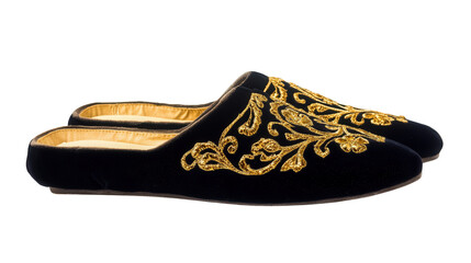 Obraz premium Velvet slippers with gold embroidery, background isolated on a Transparent background, PNG file.
