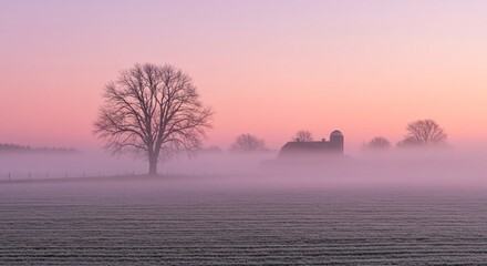 Ethereal foggy landscape at dawn featuring a solitary tree and distant barn silhouette