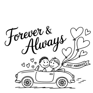 Forever & Always - Wedding bliss: A charming cartoon of a just-married couple embarking on their journey of forever & always, soaring into a future filled with love.
