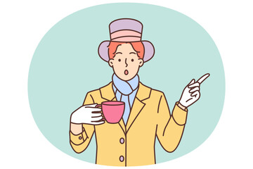 Mysterious man dressed as hatter from story Alice in Wonderland drinks tea and points finger to side