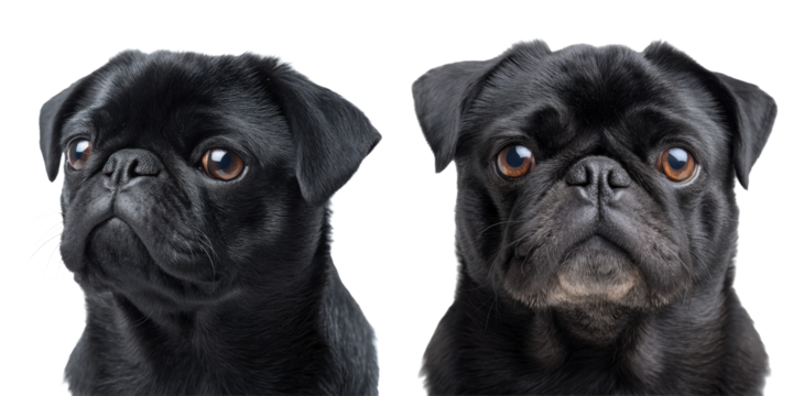 Adorable black pugs showcasing distinctive facial features and soulful eyes, emphasizing purebred canine breed characteristics