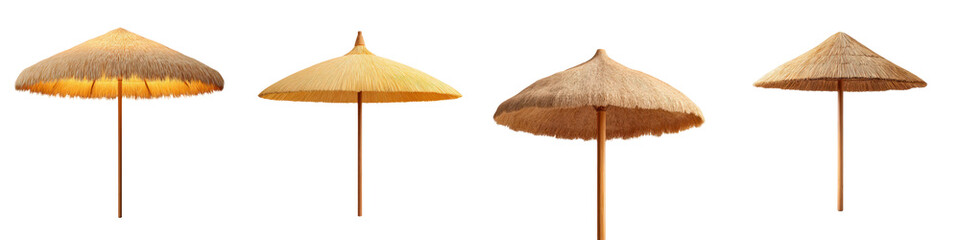 Tranquil beach resort with thatched umbrellas emphasizing relaxation and shade, representing vacation getaway and tropical paradise atmosphere