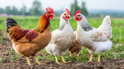 Fototapeta premium Managing Chickens and Other Poultry on a Farm, Capturing Their Playful Interactions Amidst a Green Pasture Under a Clear Sky