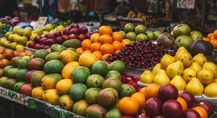 Colorful Array of Fresh Tropical Fruits at a Market Stall