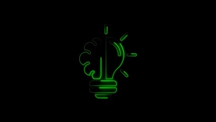 Creative thinking concept illustrated with brain and light bulb glowing green on black