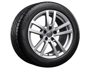Obraz premium “Car Tire with Aluminum Rim and Spokes, Side View, Isolated on a Transparent Background”