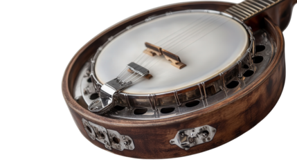 Vintage wooden banjo with metal resonator background isolated on a Transparent background, PNG file.