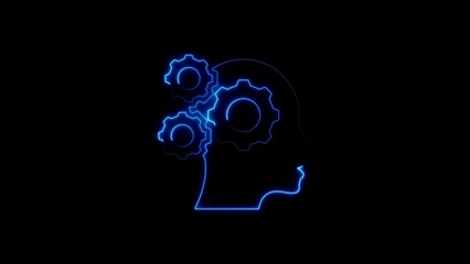 Animated blue glowing brain silhouette with cogwheel gears representing intelligence