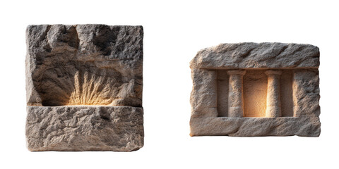 Ancient stone reliefs showcasing classical architectural fragments, representing archaeological preservation and historical cultural heritage, illuminated by sunlight