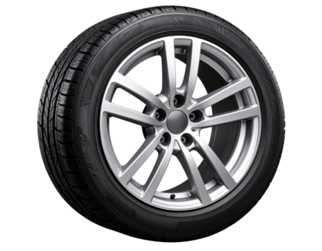 “Car Tire with Aluminum Rim and Spokes, Side View, Isolated on a Transparent Background”