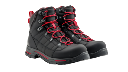 Waterproof hiking boots with red laces, background isolated on a Transparent background, PNG file.