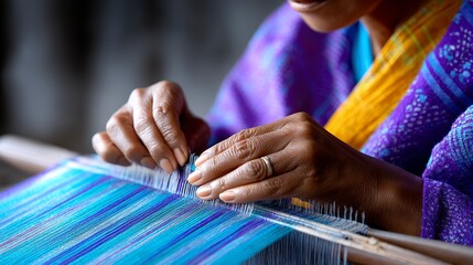 Indigenous Weaver Creating Colorful Textiles During Virtual Zoom Call for Cultural Awareness