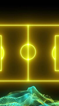 Neon yellow soccer field animation over blue and yellow digital waveforms