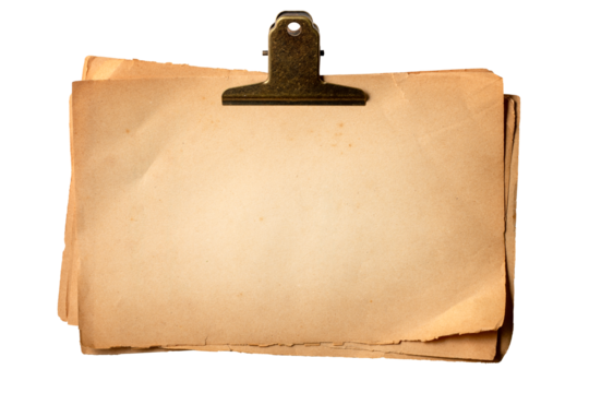 クリップで束ねられた古い書類。メモ