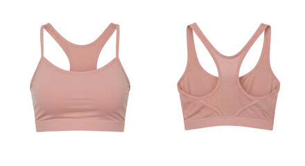 A pair of stylish, seamless sports bras in a soft pink hue, displayed from the front and back against a clean background