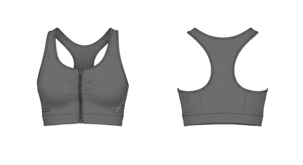 A sleek, gray sports bra displayed from the front and back, showcasing its design and functionality for activewear enthusiasts