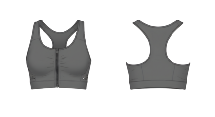 A sleek, gray sports bra displayed from the front and back, showcasing its design and functionality for activewear enthusiasts
