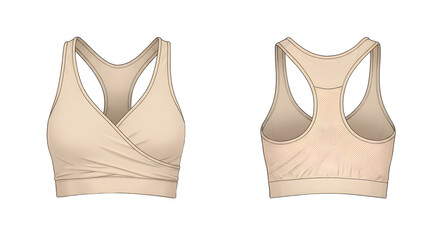 A stylish beige sports bra displayed from the front and back, highlighting its design and suitability for active wear