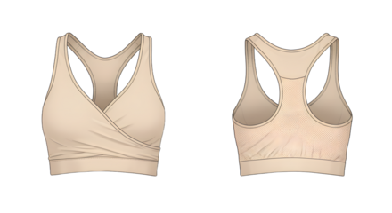 A stylish beige sports bra displayed from the front and back, highlighting its design and suitability for active wear