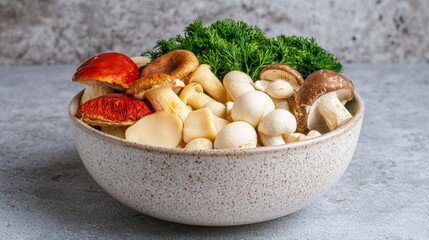 Culinary Delight - Assorted Dried Fungi Mix in Ceramic Bowl for Cooking Inspiration ,Dried mushrooms, processed.