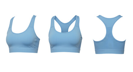 A stylish blue sports bra showcased from three angles, emphasizing its design and fit for athletic wear in a minimalist setting