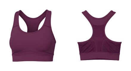 A stylish, purple sports bra displayed from front and back angles, highlighting its design and fabric texture for athletic wear