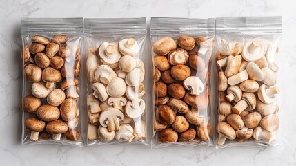 Fresh Sealed Dried Mushroom Bags Displayed for Online Grocery Store Marketing. processed.