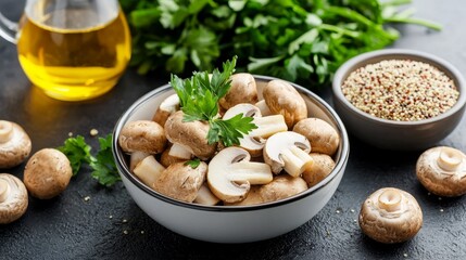 Fresh and Nutritious: A Variety of Healthy Lifestyle Cooking Ingredients Including Mushrooms, Quinoa, and Herbs, processed.