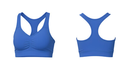 A vibrant blue sports bra displayed from two angles, showcasing its design, perfect for activewear photography