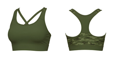Green sports bra with cross-back design displayed from front and back, set against a neutral background for apparel showcase