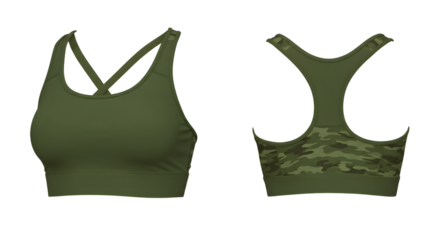 Green sports bra with cross-back design displayed from front and back, set against a neutral background for apparel showcase