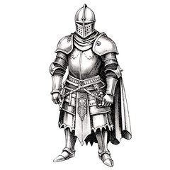 Obraz premium Illustration of a knight in full plate armor standing against a black background on transparent background