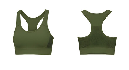Olive green sports bra showcasing front and back views, ideal for fitness enthusiasts, with a simple, minimalist design